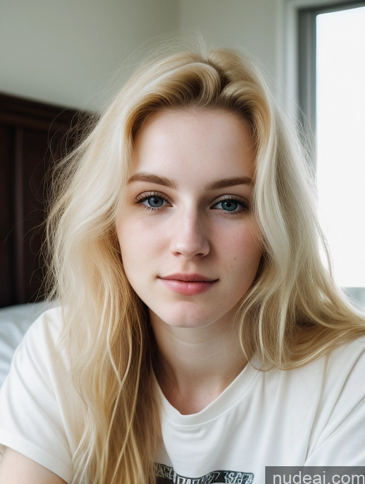 ai nude image of blond woman with blue eyes and long blond hair sitting on a bed pics of Woman Beautiful Fairer Skin 18 Blonde Russian Close-up View Shirt Messy