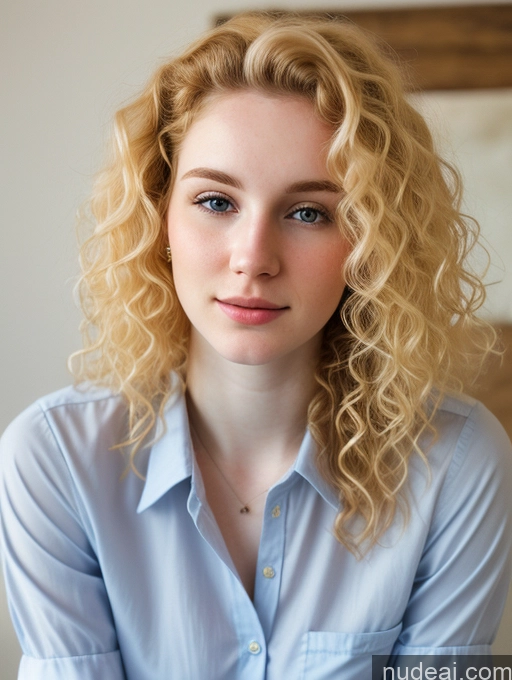 ai nude image of blonde woman with blue shirt and necklace looking at camera pics of Woman Beautiful Fairer Skin 18 Blonde Russian Close-up View Shirt Curly Hair