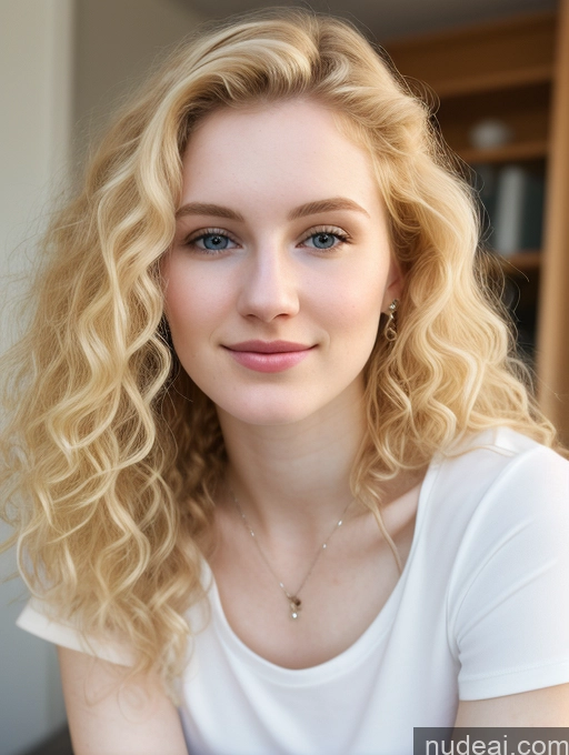 ai nude image of blonde woman with blue eyes and a white shirt posing for a picture pics of Woman Beautiful Fairer Skin 18 Blonde Russian Close-up View Shirt Curly Hair