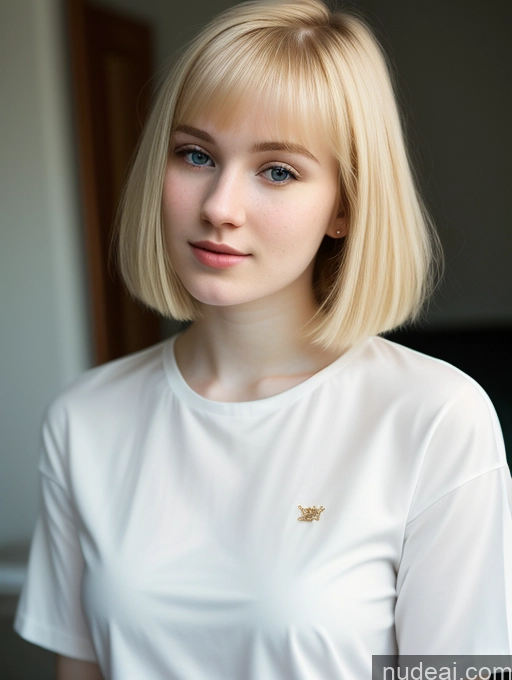 ai nude image of blond woman with blue eyes and a white shirt posing for a picture pics of Woman Beautiful Fairer Skin 18 Blonde Russian Close-up View Shirt Bobcut