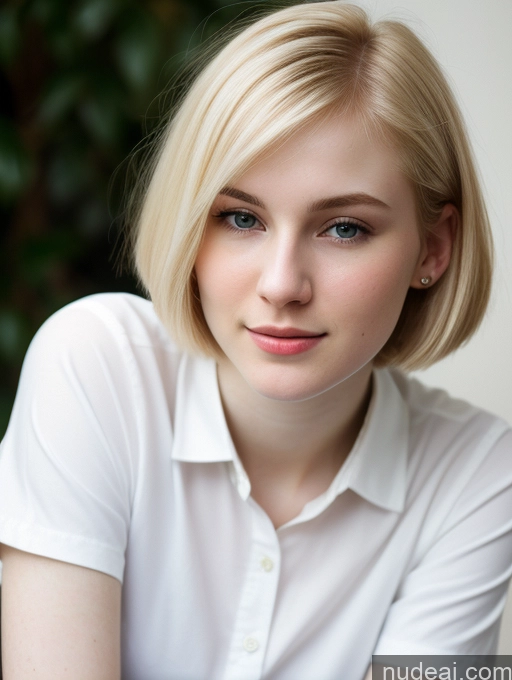 ai nude image of blond woman with blue eyes and a white shirt posing for a picture pics of Woman Beautiful Fairer Skin 18 Bobcut Blonde Russian Close-up View Shirt