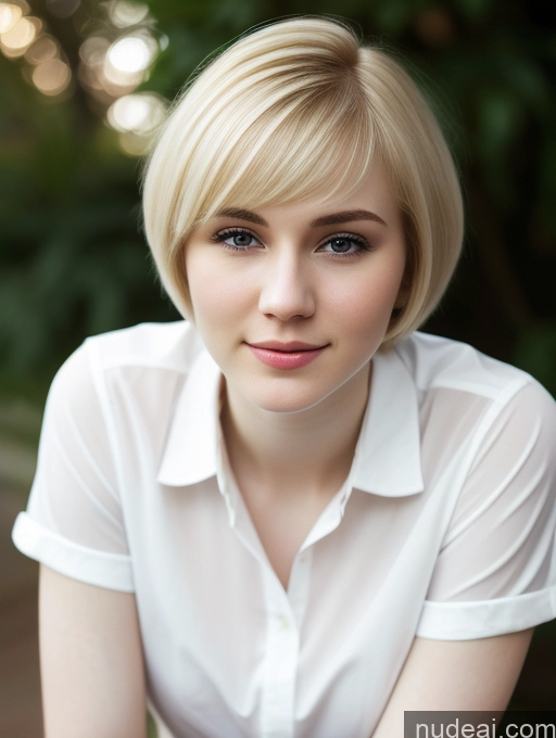 ai nude image of blonde woman in white shirt posing for a portrait in front of trees pics of Woman Beautiful Fairer Skin 18 Blonde Short Hair Russian Close-up View Shirt Detailed