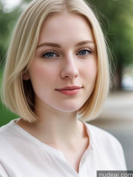 ai nude image of blond woman with blue eyes and a white shirt posing for a picture pics of Woman Beautiful Fairer Skin 18 Blonde Russian Close-up View Shirt Detailed Bobcut