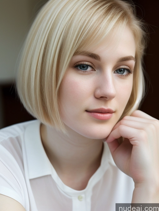 ai nude image of blond woman with short hair and white shirt posing for a picture pics of Woman Beautiful Fairer Skin 18 Blonde Russian Close-up View Shirt Detailed Bobcut