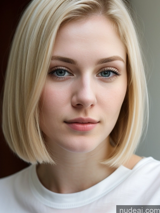 ai nude image of blond woman with blue eyes and a white shirt looking at the camera pics of Woman Beautiful Fairer Skin 18 Blonde Bobcut Russian Close-up View Shirt Detailed