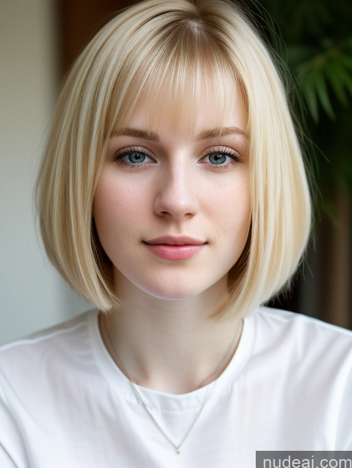 ai nude image of blond woman with blue eyes and a white shirt posing for a picture pics of Woman Beautiful Fairer Skin 18 Blonde Bobcut Russian Close-up View Shirt Detailed