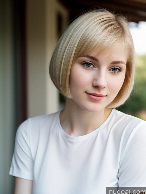 ai nude image of blond woman with short hair and white shirt looking at camera pics of Woman Beautiful Fairer Skin 18 Blonde Bobcut Russian Close-up View Shirt Detailed