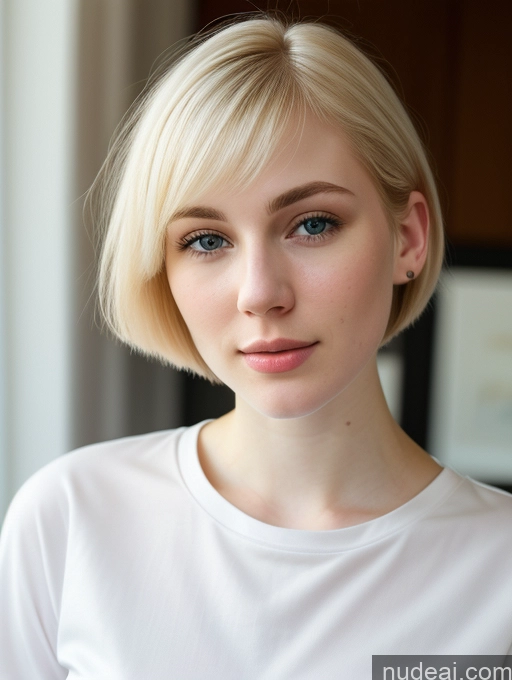 ai nude image of blond woman with short hair and blue eyes posing for a picture pics of Woman Beautiful Fairer Skin 18 Blonde Bobcut Russian Close-up View Shirt Detailed