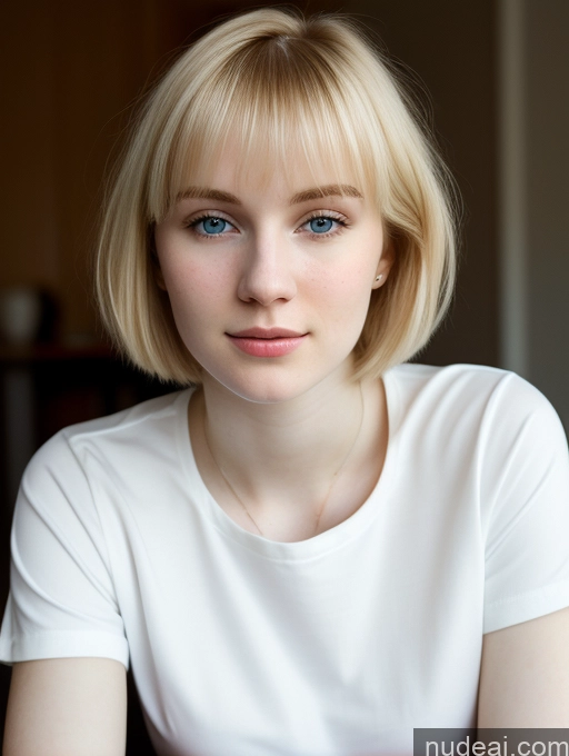 ai nude image of blond woman with blue eyes and a white shirt sitting at a table pics of Woman Beautiful Fairer Skin 18 Blonde Bobcut Russian Close-up View Shirt Detailed