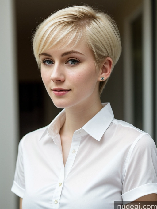 ai nude image of blond woman with short hair wearing white shirt and looking at camera pics of Woman Beautiful Fairer Skin 18 Blonde Pixie Russian Close-up View Shirt Detailed