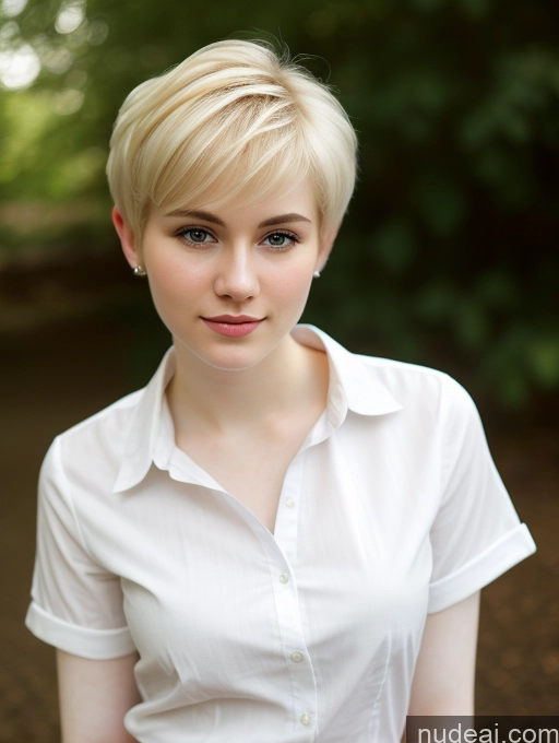 ai nude image of blond woman with short hair wearing white shirt and jeans posing for a picture pics of Woman Beautiful Fairer Skin 18 Blonde Pixie Russian Close-up View Shirt Detailed