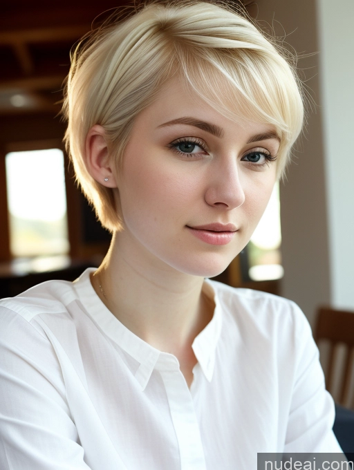 ai nude image of blond woman with short hair and white shirt looking at camera pics of Woman Beautiful Fairer Skin 18 Blonde Pixie Russian Close-up View Shirt Detailed