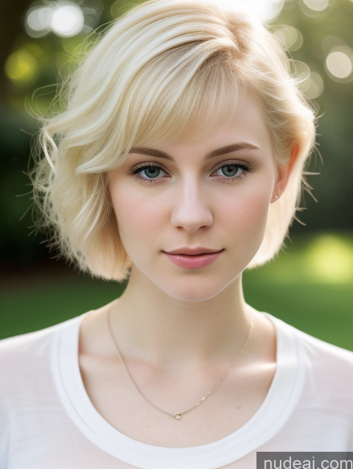 ai nude image of blond woman with short hair and a necklace looking at the camera pics of Woman Beautiful Fairer Skin 18 Blonde Pixie Russian Close-up View Shirt Detailed