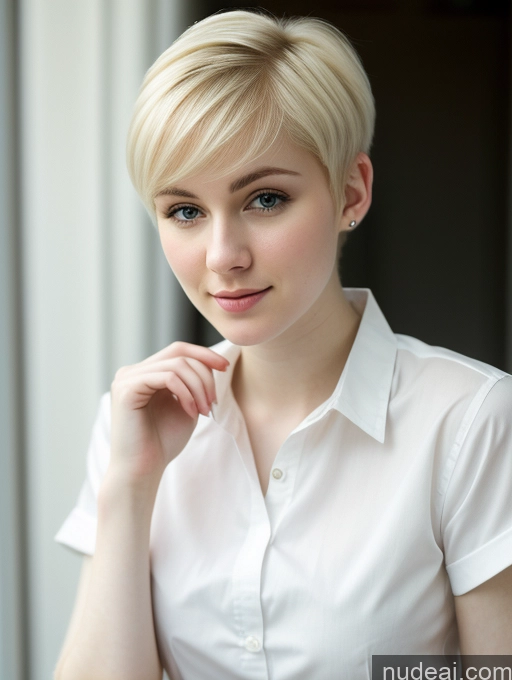 ai nude image of blond woman with short hair wearing white shirt and looking at camera pics of Woman Beautiful Fairer Skin 18 Blonde Pixie Russian Close-up View Shirt Detailed