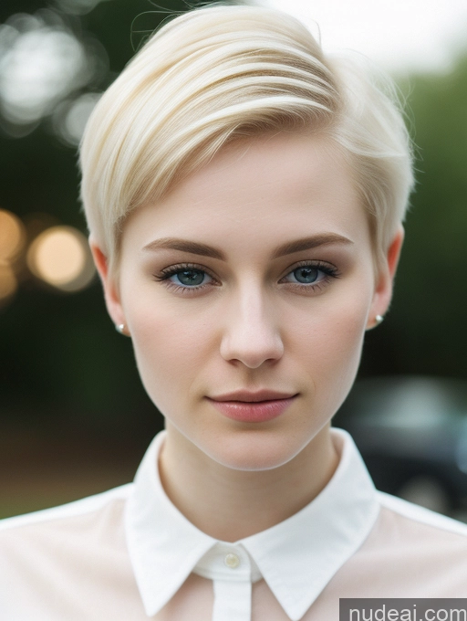 ai nude image of blond woman with short hair wearing a white shirt and a white collared shirt pics of Woman Beautiful Fairer Skin 18 Blonde Pixie Russian Close-up View Shirt Detailed