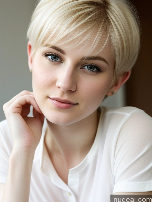 ai nude image of blond woman with short hair and white shirt posing for a picture pics of Woman Beautiful Fairer Skin 18 Blonde Pixie Russian Close-up View Shirt Detailed