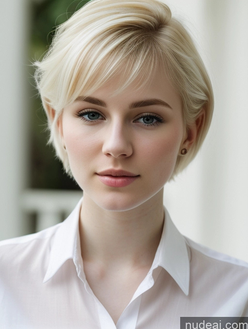 ai nude image of blond woman with short hair and white shirt looking at camera pics of Woman Beautiful Fairer Skin 18 Blonde Pixie Russian Close-up View Shirt Detailed