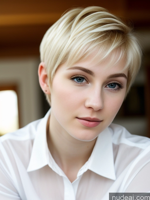 ai nude image of blond woman with short hair wearing a white shirt and looking at the camera pics of Woman Beautiful Fairer Skin 18 Blonde Pixie Russian Close-up View Shirt Detailed