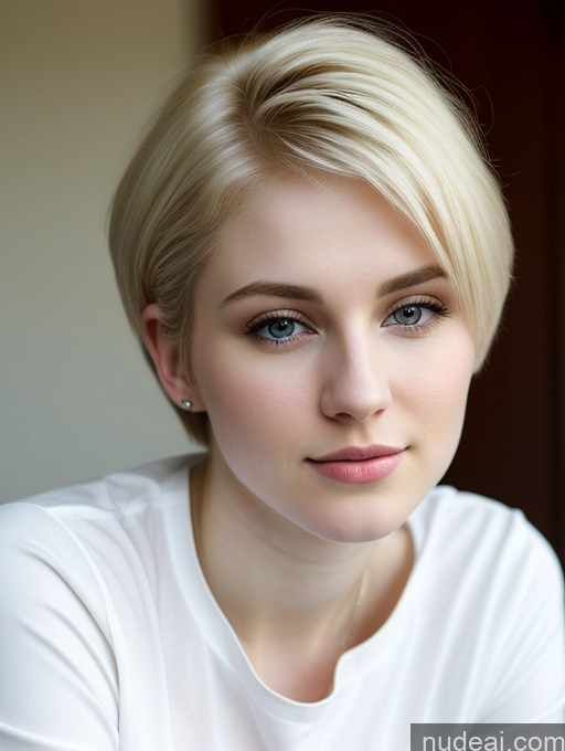 ai nude image of blond woman with blue eyes and short hair posing for a picture pics of Woman Beautiful Fairer Skin 18 Blonde Pixie Russian Close-up View Shirt Detailed