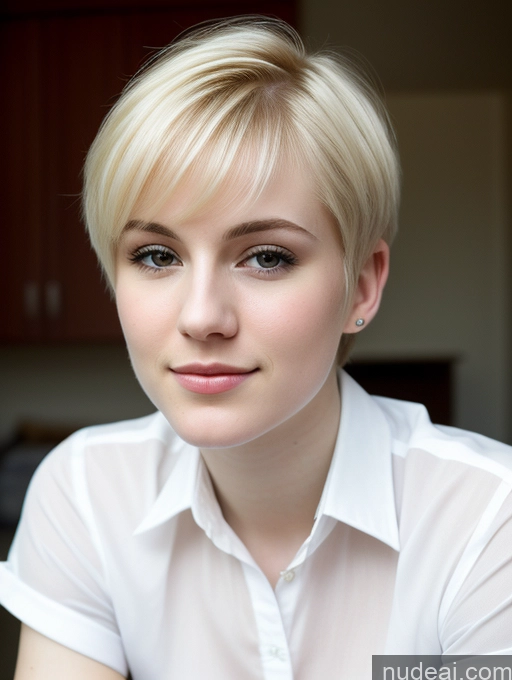 ai nude image of blond woman with short hair wearing a white shirt and looking at the camera pics of Woman Beautiful Fairer Skin 18 Blonde Pixie Russian Close-up View Shirt Detailed