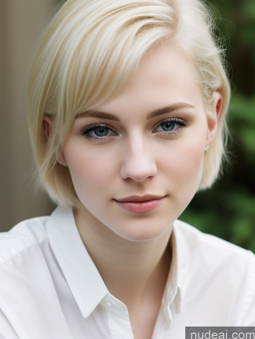 ai nude image of blond woman with blue eyes and a white shirt posing for a picture pics of Woman Beautiful Fairer Skin 18 Blonde Pixie Russian Close-up View Shirt Detailed