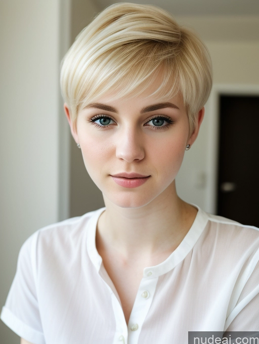 ai nude image of blond woman with short hair and blue eyes posing for a picture pics of Woman Beautiful Fairer Skin 18 Blonde Pixie Russian Close-up View Shirt Detailed