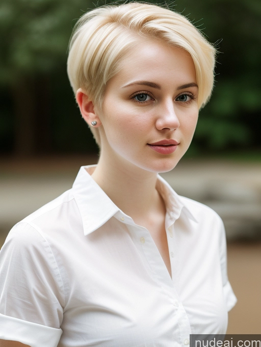 ai nude image of blond woman with short hair wearing white shirt and earrings pics of Woman Beautiful Fairer Skin 18 Blonde Pixie Russian Close-up View Shirt Detailed