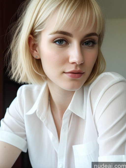 ai nude image of blond woman with blue eyes and a white shirt sitting at a table pics of Woman Beautiful Fairer Skin 18 Blonde Pixie Russian Close-up View Shirt Detailed