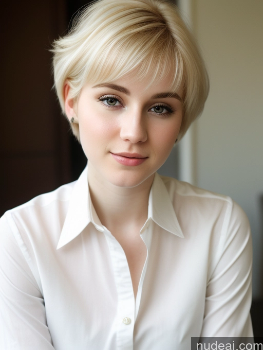 ai nude image of blond woman with short hair wearing a white shirt and looking at the camera pics of Woman Beautiful Fairer Skin 18 Blonde Pixie Russian Close-up View Shirt Detailed