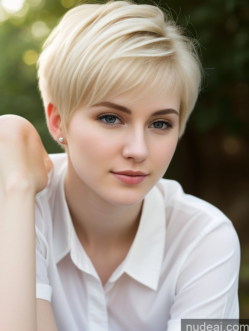 ai nude image of blond woman with short hair posing for a portrait in a white shirt pics of Woman Beautiful Fairer Skin 18 Blonde Pixie Russian Close-up View Shirt Detailed