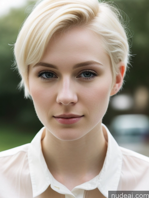 ai nude image of blond woman with blue eyes and a white shirt posing for a picture pics of Woman Beautiful Fairer Skin 18 Blonde Pixie Russian Close-up View Shirt Detailed