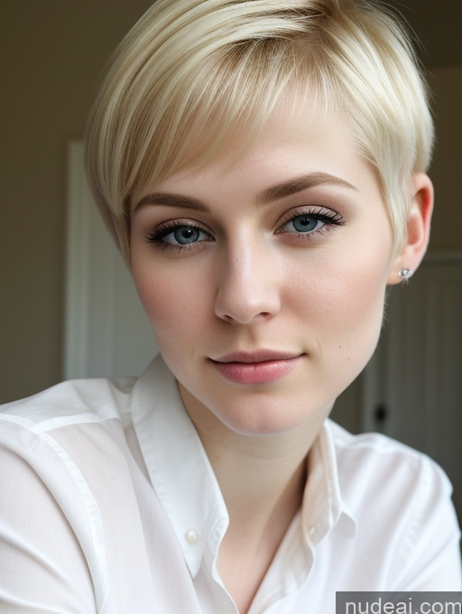 ai nude image of blond woman with short hair and blue eyes posing for a picture pics of Woman Beautiful Fairer Skin 18 Blonde Pixie Russian Close-up View Shirt Detailed