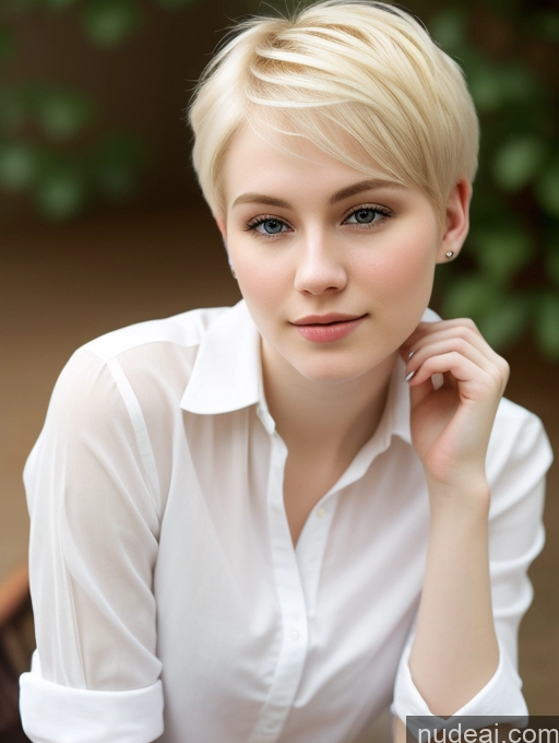 ai nude image of blonde woman with blue eyes and a white shirt posing for a picture pics of Woman Beautiful Fairer Skin 18 Blonde Pixie Russian Close-up View Shirt Detailed