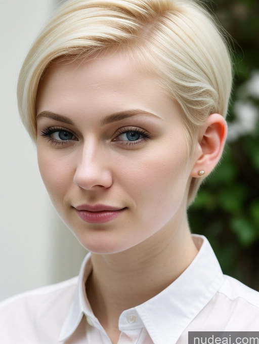 ai nude image of blond woman with blue eyes and a white shirt posing for a picture pics of Woman Beautiful Fairer Skin 18 Blonde Pixie Russian Close-up View Shirt Detailed