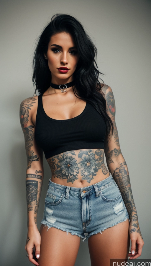 ai nude image of arafed woman with tattoos and a choker posing for a picture pics of One Beautiful Small Tits Big Ass Perfect Body Lipstick Tattoos 20s Sexy Face British 3d Bomber Choker Daisy Dukes High Socks Hip Hop Tank Top Alternative Stylish Casual Goth Bending Over Athlete