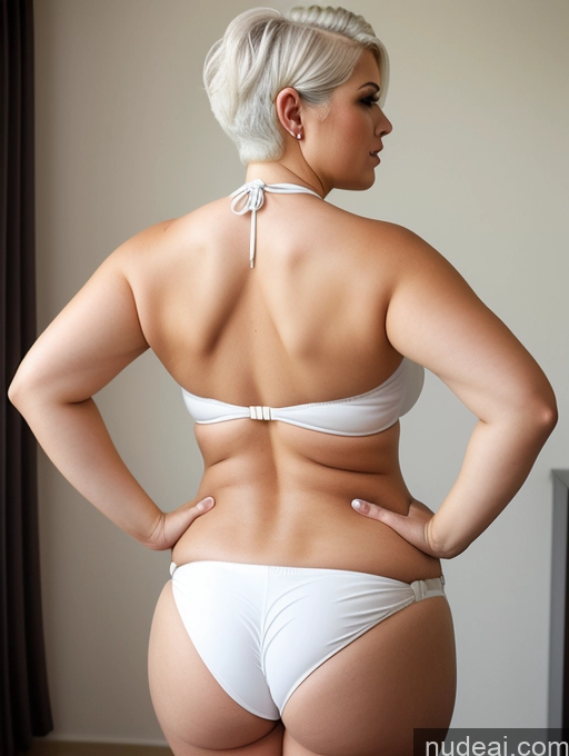 ai nude image of there is a woman in a white bikini and panties posing for a picture pics of Woman One Fat Chubby Big Ass Pregnant 30s Sexy Face White Hair Pixie White Bikini Back View