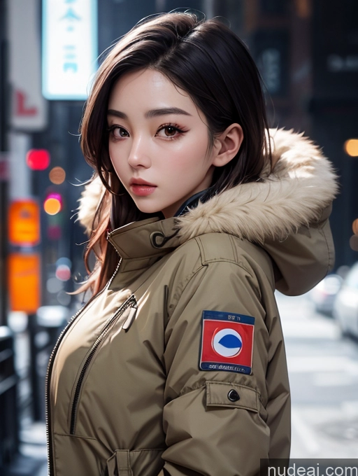 ai nude image of arafed asian woman in a parka with a korean flag patch on the back pics of Korean Perfect Boobs Parka