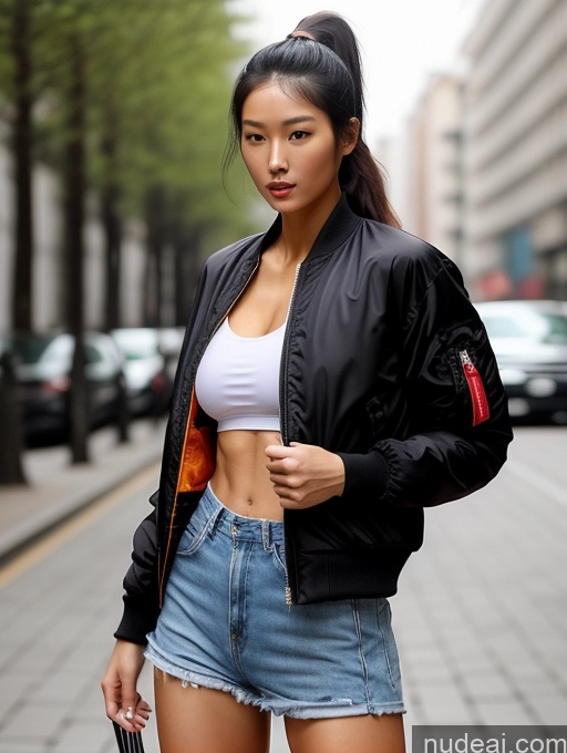 ai nude image of arafed woman in a black jacket and denim shorts walking down a street pics of Athlete One Huge Boobs Beautiful Long Legs Tall Perfect Body 20s Sexy Face Black Hair Ponytail Chinese Soft + Warm Street Bomber