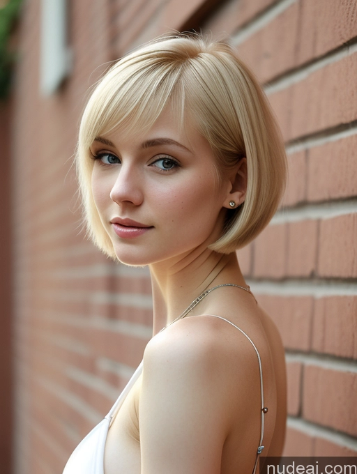 ai nude image of blond woman with blue eyes and a white dress standing in front of a brick wall pics of Beautiful Short Hair Fairer Skin 18 Russian Detailed Blonde Small Ass Small Tits Skinny Woman Bikini