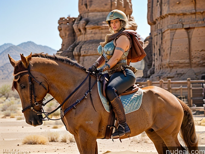 ai nude image of woman riding a horse in the desert with a backpack on her back pics of Muscular Tall Short Hair Blonde Arabic Desert Huge Boobs Thick Busty Big Ass Big Hips Barbarian Woman Equitation Dark Fantasy Fantasy Armor Medieval