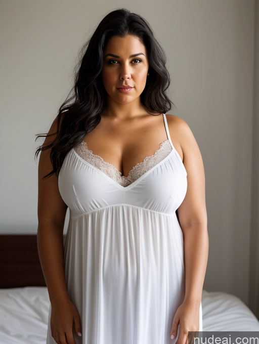 ai nude image of araffe woman in white dress standing on bed in bedroom pics of Big Ass Chubby Big Hips 40s Serious Black Hair Messy White Front View Nightgown Transparent Dark Lighting Detailed Cleavage