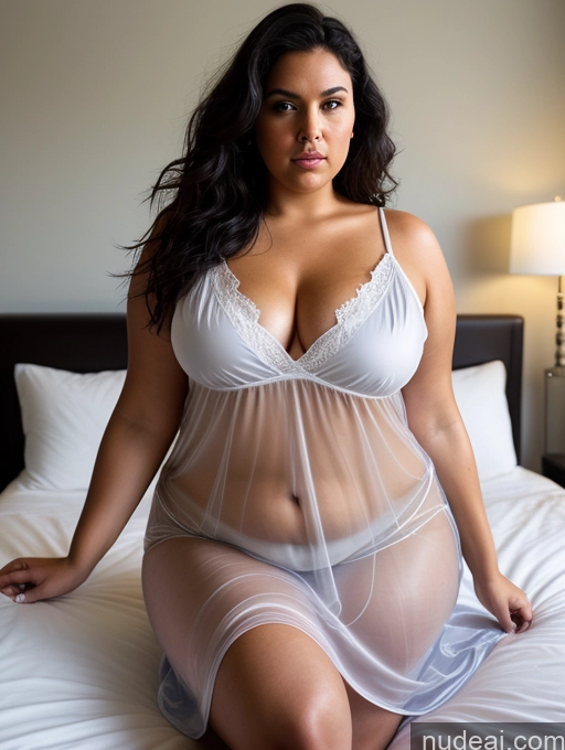 ai nude image of araffe woman in a white lingerie sitting on a bed pics of Big Ass Chubby Big Hips 40s Serious Black Hair Messy White Nightgown Transparent Dark Lighting Detailed Cleavage Close-up View