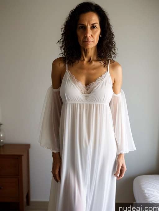 ai nude image of there is a woman in a white dress standing in a bedroom pics of Serious Black Hair Messy White Nightgown Transparent Dark Lighting Detailed Cleavage Close-up View T-pose Athlete Skinny 70s Traditional