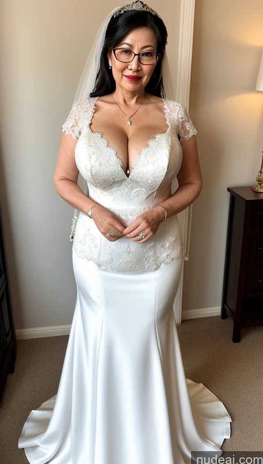 ai nude image of arafed woman in a wedding dress standing in a room pics of Milf One Busty Glasses Lipstick Big Hips Big Ass Fairer Skin Pubic Hair 60s Black Hair Wedding Asian