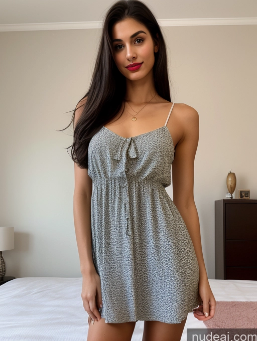 ai nude image of arafed woman in a gray dress standing on a bed pics of 18 Indian Small Tits Lipstick Small Ass Long Legs Perfect Body Tall Long Hair Black Hair Front View Tanned Skin Fairer Skin Bedroom Sundress