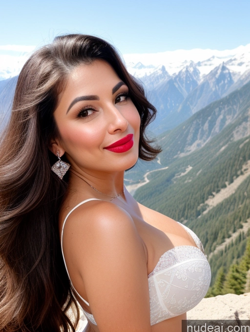 ai nude image of araffe woman with long brown hair and red lipstick posing for a picture pics of Busty Small Ass Lipstick 30s Happy Laughing Pouting Lips Brunette Long Hair Mountains Front View 70s Cleavage Diamond Jewelry One Persian