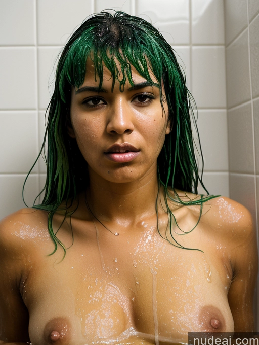 ai nude image of arafed woman with green hair in a bathtub with water pics of Pubic Hair Film Photo Front View Nude Detailed Two Busty Long Legs Perfect Boobs Dark Skin 18 Angry Green Hair Bangs Brazilian Shower Athlete