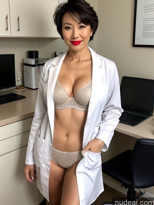 related ai porn images free for Milf Perfect Boobs Lipstick Pixie Dark Lighting Asian Doctor Lab Coat Partially Nude Bra Cleavage