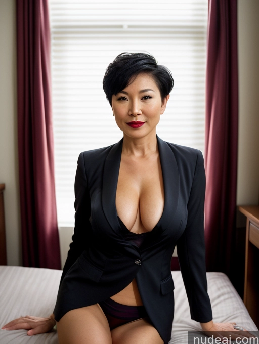 ai nude image of there is a woman in a black suit sitting on a bed pics of Milf Perfect Boobs Lipstick Pixie Asian Partially Nude Dark Lighting Professor Suit Cleavage Bedroom