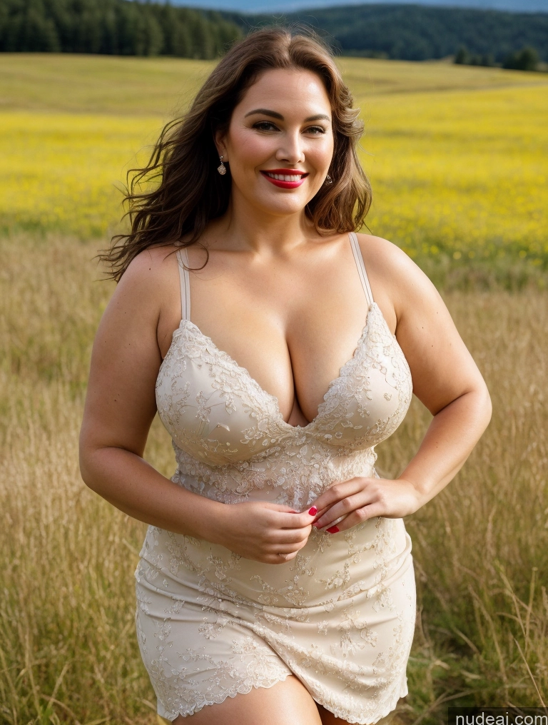 ai nude image of araffe woman in a dress posing in a field of tall grass pics of Milf One Busty Lipstick Big Ass Thick Chubby Big Hips 30s Happy Seductive Brunette Messy Hungarian Meadow Dress Skin Detail (beta)